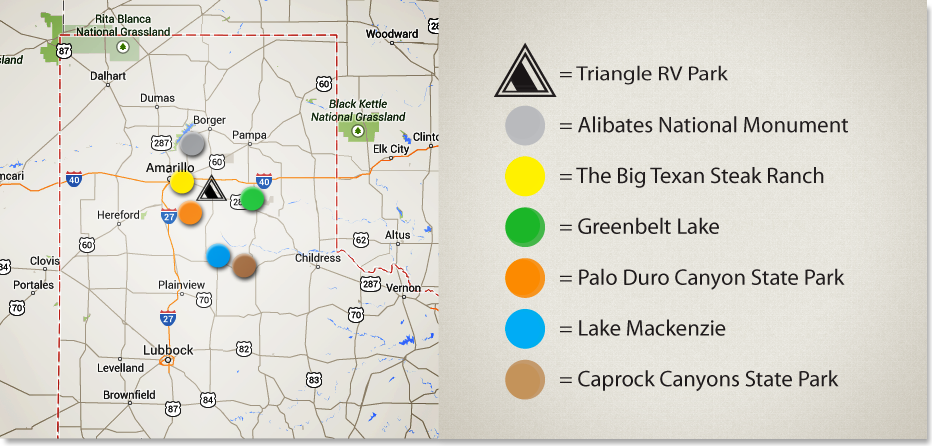 Triangle RV-Park on map in Claude TX, just outside of Amarillo TX & nearby attractions!